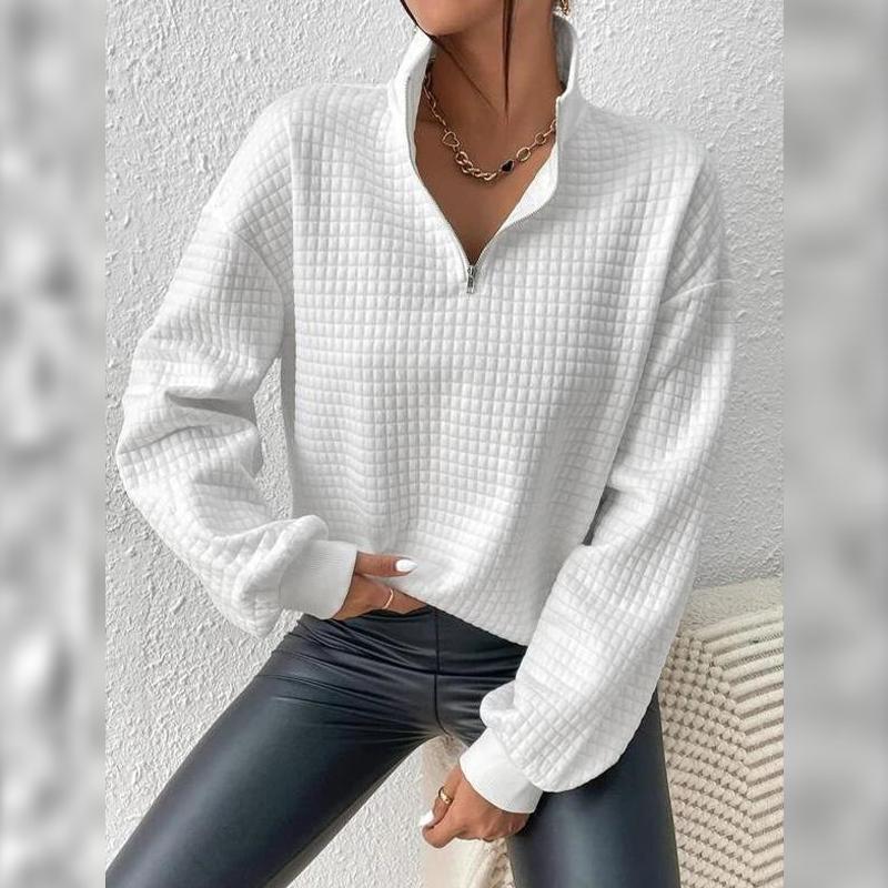 Felpa da donna Loose Waffle Casual Top tinta unita Colletto alla coreana Cerniera Manica lunga Cuciture Moda Pullover