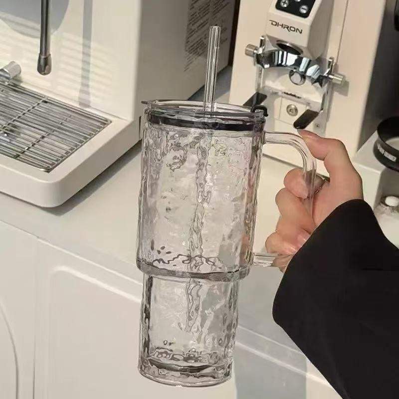 3-Piece Large Capacity Glass Cup Set, Durable Handle Straw Cup, Creative Vertical Stripe Design, Suitable for Iced Coffee 501-600ml
