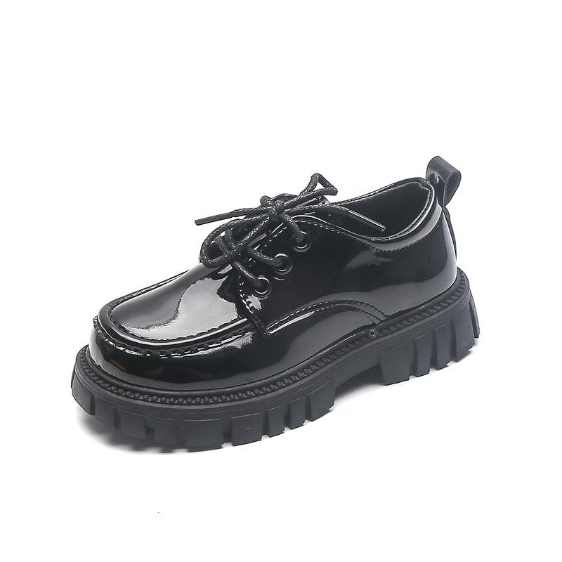 British Style 2023 Black Leather Shoes for Kids: Medium & Large, Lace-Up, Thick-Soled, Perfect for Students' Performances, Boys & Girls.