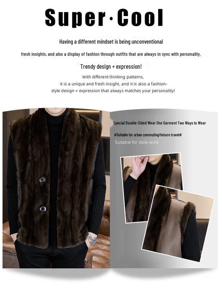 Men's Winter 2025 Faux Leather & Golden Mink Velvet Fur-Integrated Thick Gilet Jacket