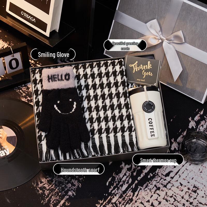 Valentine s Day Men s Gift Set: Houndstooth Scarf, Thermos & Gloves Set 13