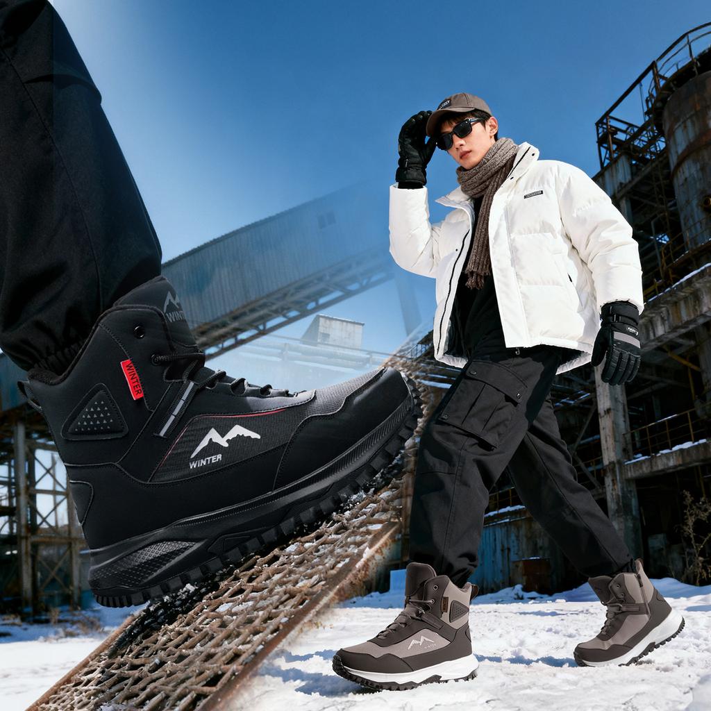 Men's Large Size Soft Sole Heightening Warm Fur a System with Winter Non-slip Hiking Snow Boots Plush Lined Outdoor Sports Cotton Boots