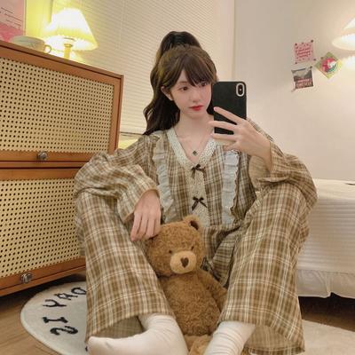 Plus Size Pajamas for Women Cherry Print Pajamas Kit Long Sleeve Top Pants Ruffled Home Wear Skin-friendly