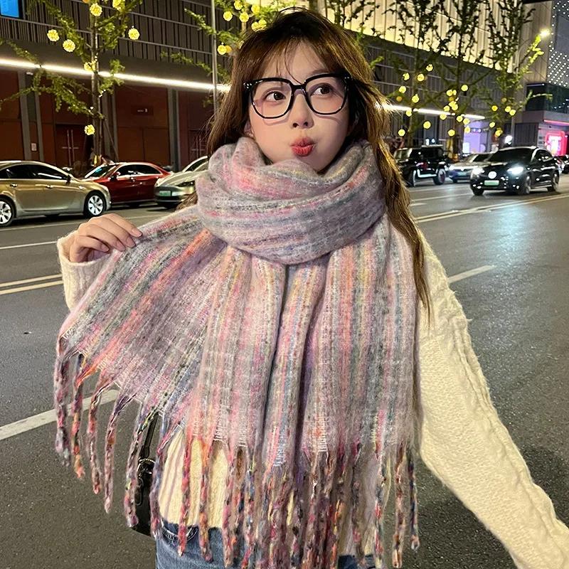 Chic Design Plaid Mohair Scarf Women Korean Version Streetstyle Imitation Cashmere Muffler Female Warm Soft Thick Shawl Ladies