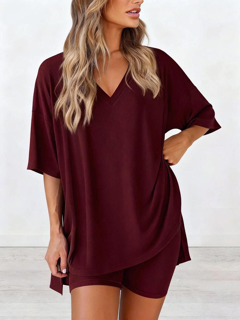 2026 Summer Chic European & American V-Neck Solid Color Loose Pajama Set