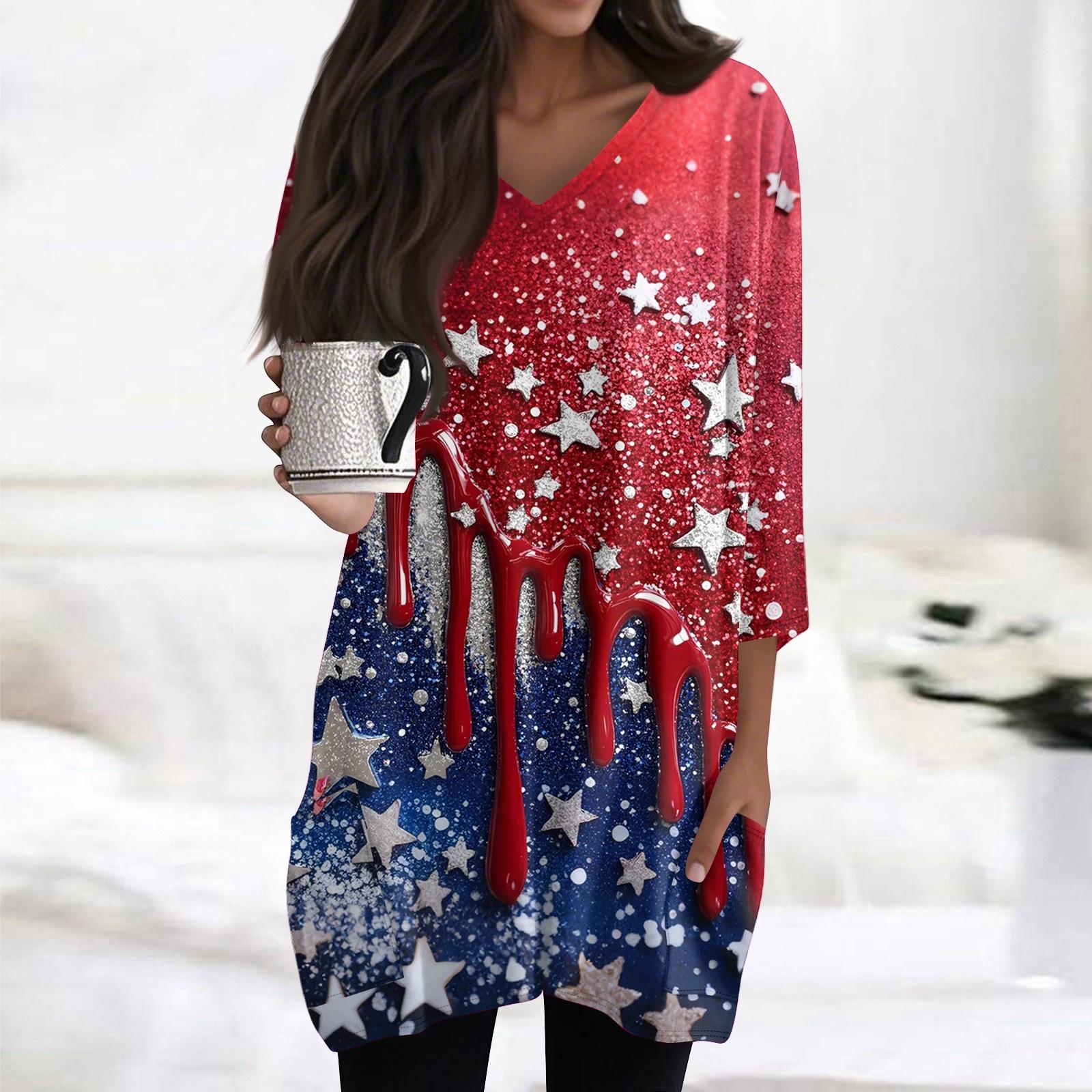 

Women s Casual 3/4 Sleeve Shirts Fashion Print Tunic Tops With Pockets XXL