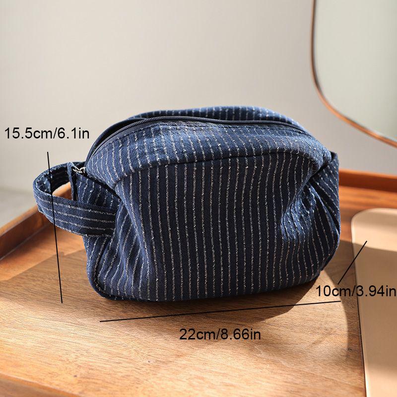 Klassische gestreifte tragbare Kosmetiktasche mit großem Fassungsvermögen aus Baumwollleinenstoff, dunkler Reißverschluss, Reise-Aufbewahrungstasche für Hautpflege
