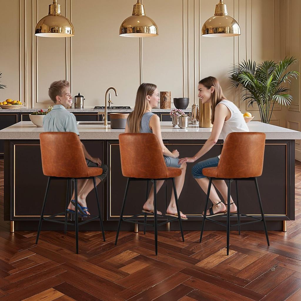 Bar Stool Set of 3, 69cm Counter Height Swivel Stools, Modern PU Leather Counter Barstool with Backrest and Metal Legs, Armless Bar Chair, Island