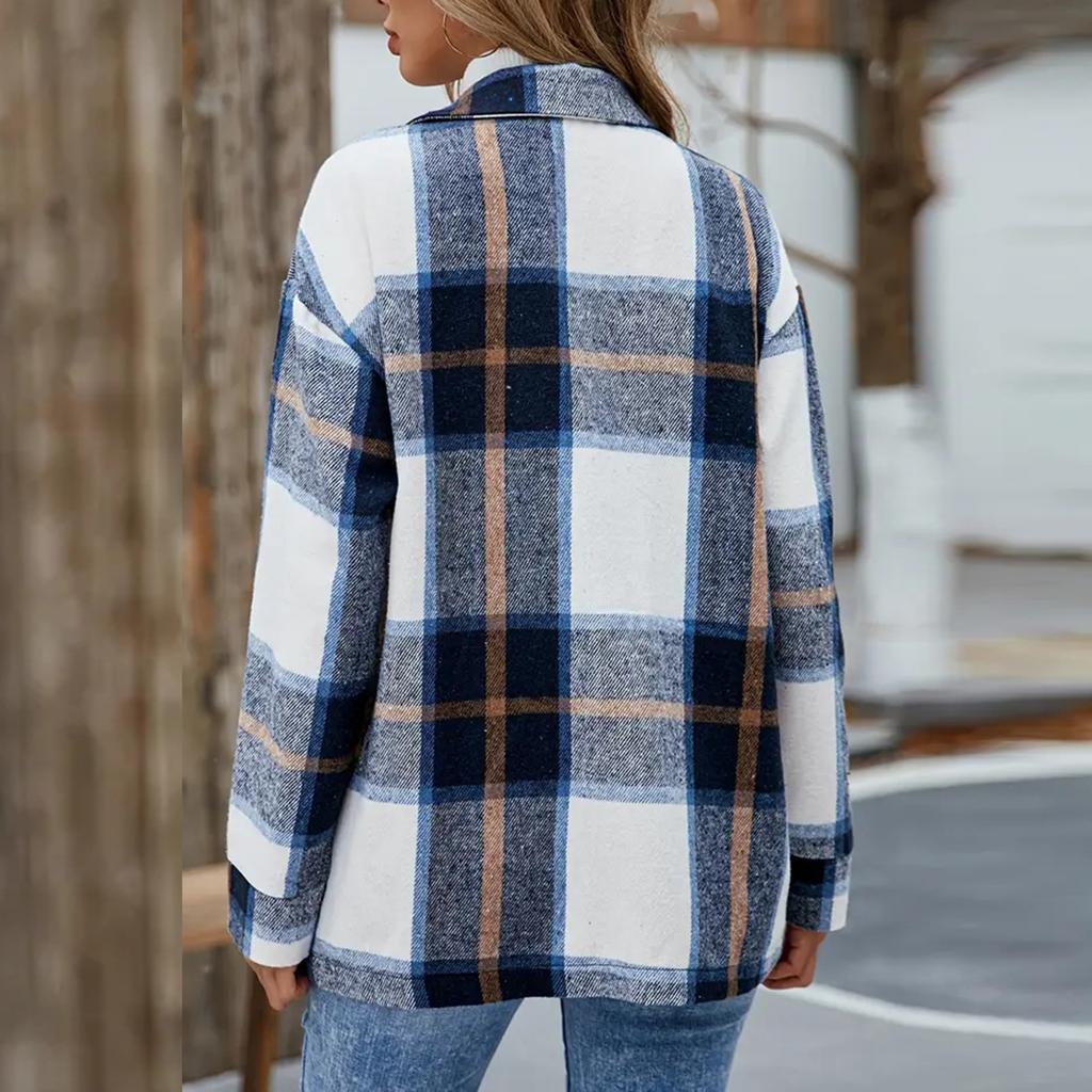 Women's Fashion Plaid Lapel Single Breasted Long Sleeved Shirt Jacket