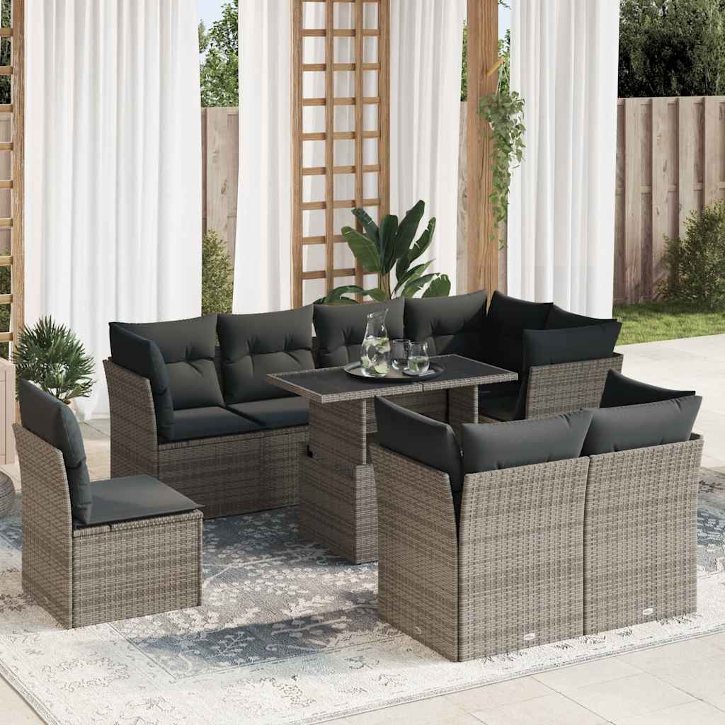 Vidaxl 9-Cz. Set di Mobili da Giardino con Cuscini, Grigio, Polyrattan