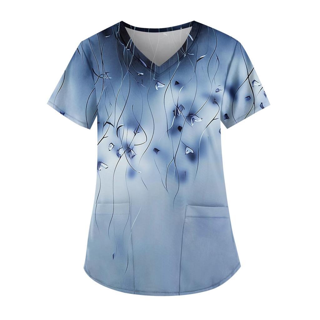 Tops estampados casuais da moda com decote em V feminino e roupas de trabalho protetoras
