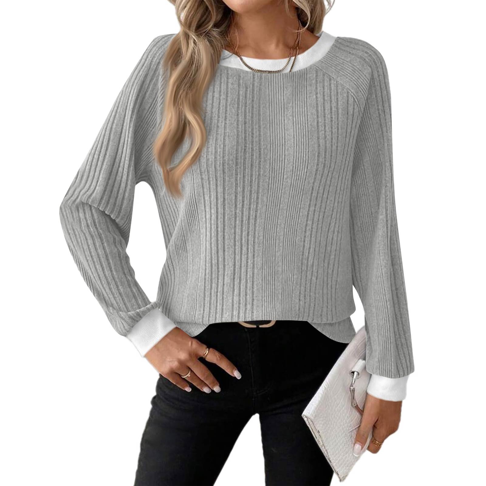 

Women s Fashionable Casual Round Neck Solid Color Long Sleeve Top XL