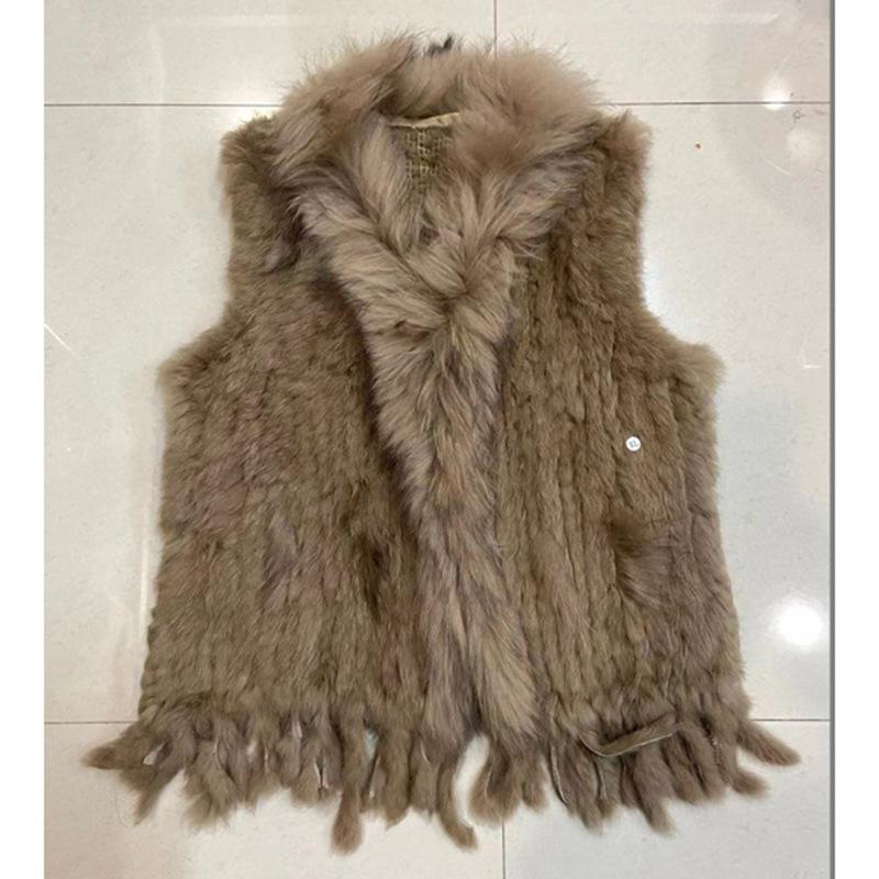 

В язана жилетка з натурального хутра кролика з китицями Тепла жіноча хутряна жилетка без рукавів з оздобленням з хутра єнота XXL