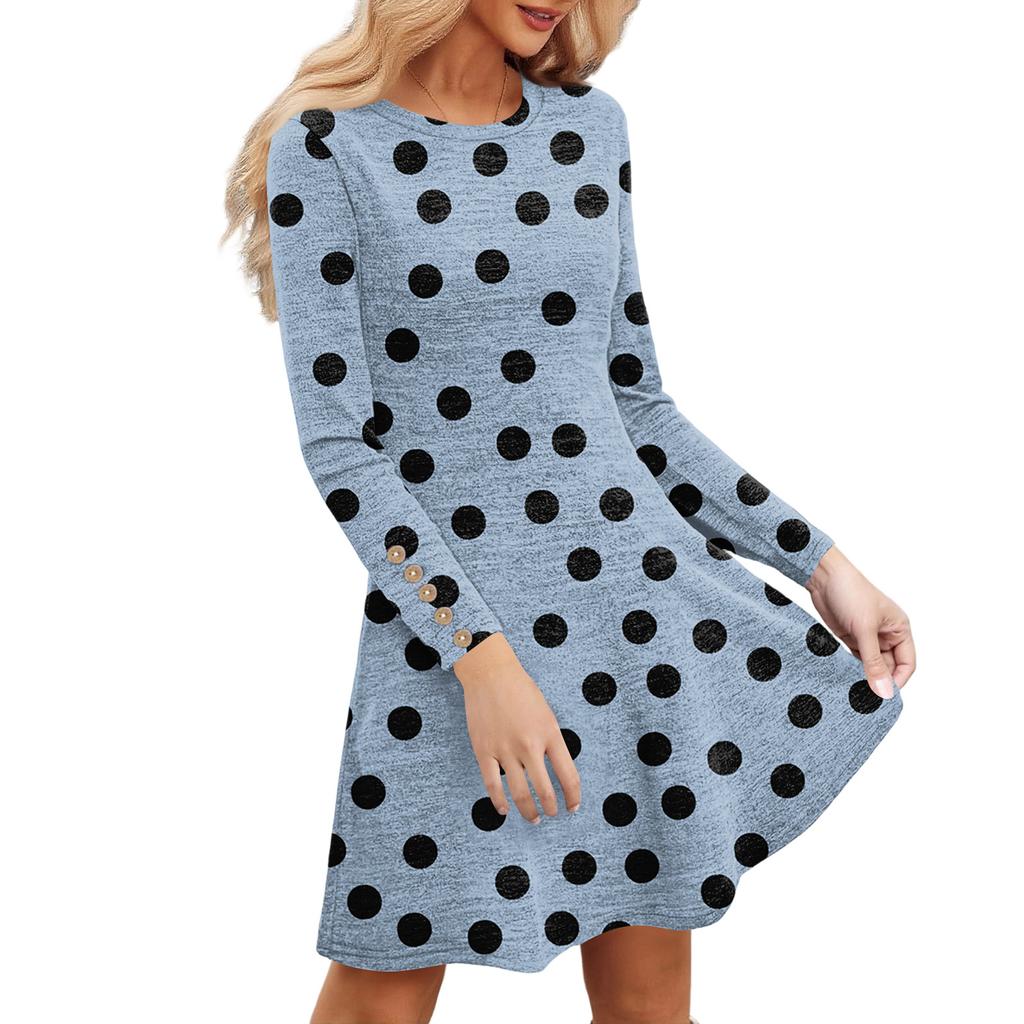Women's Fashion Casual Dress With Pockets, Decorative Buttons, Polka Dot Prints, Round Neck And Long Sleeves