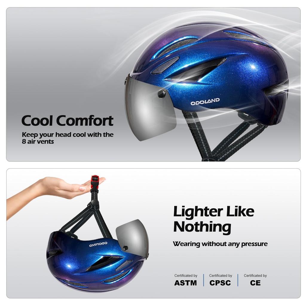 Odoland Bicycle Helmet with Magnetic High Impact Ultra Chin Sun Adjustable Size for City and Road Bikes Goggles, ASTM/CE/CPSC Certified, Rigidity,
