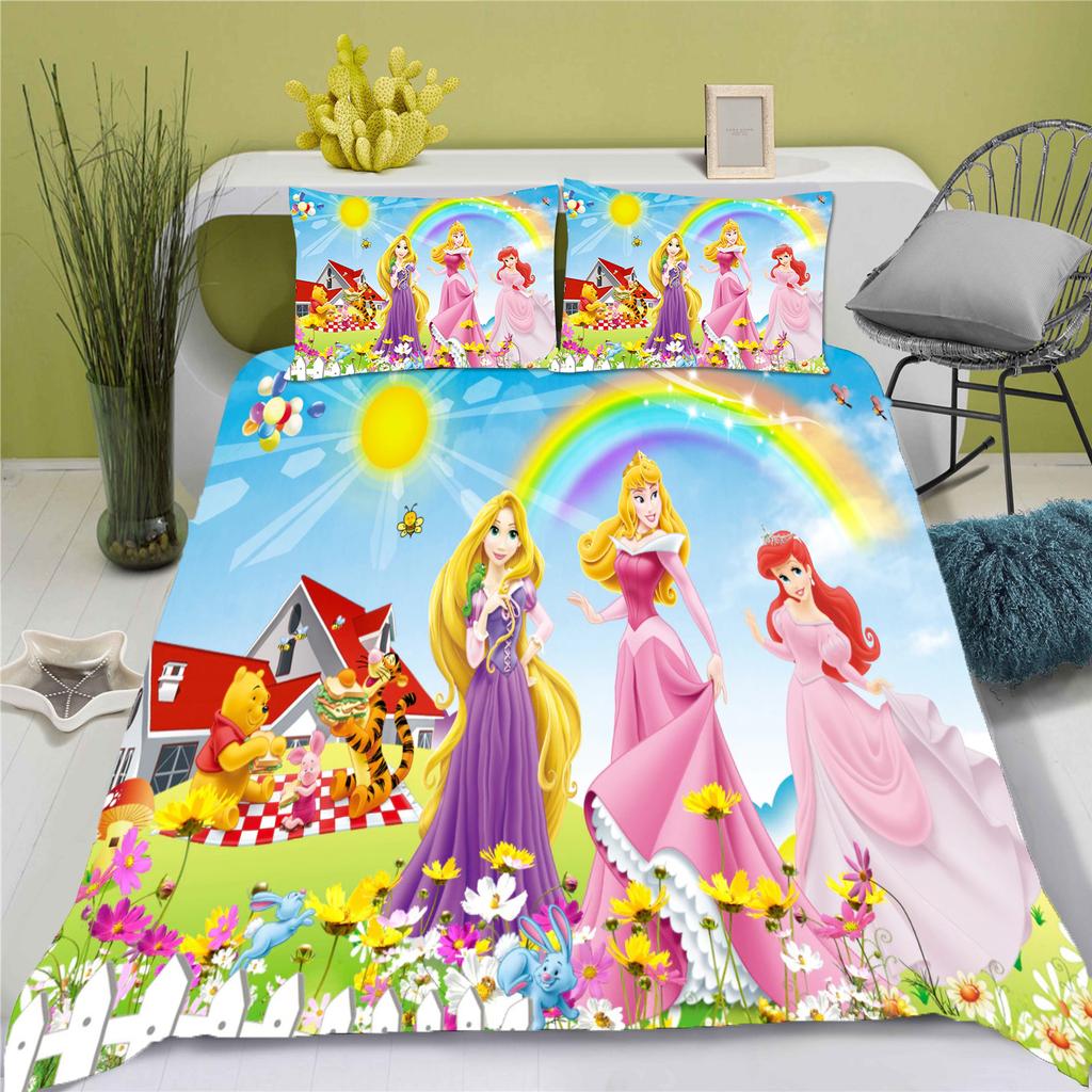 Disney Prinzessin Serie 100% Polyester Bettwäsche Set Bettbezug Für Zuhause 3-teiliges Set 1 Bettdeckenbezug Anime Niedlich Bedruckt Cartoon