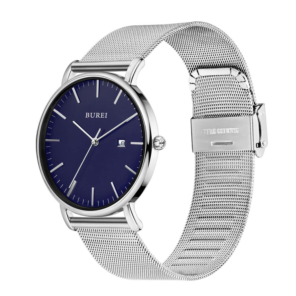 Simple Stylish Brand Popular Ultra Thin Lightweight Analog Watch Business Waterproof Quartz Arm Watch Silver Blue [BUREI] Men's Men's -