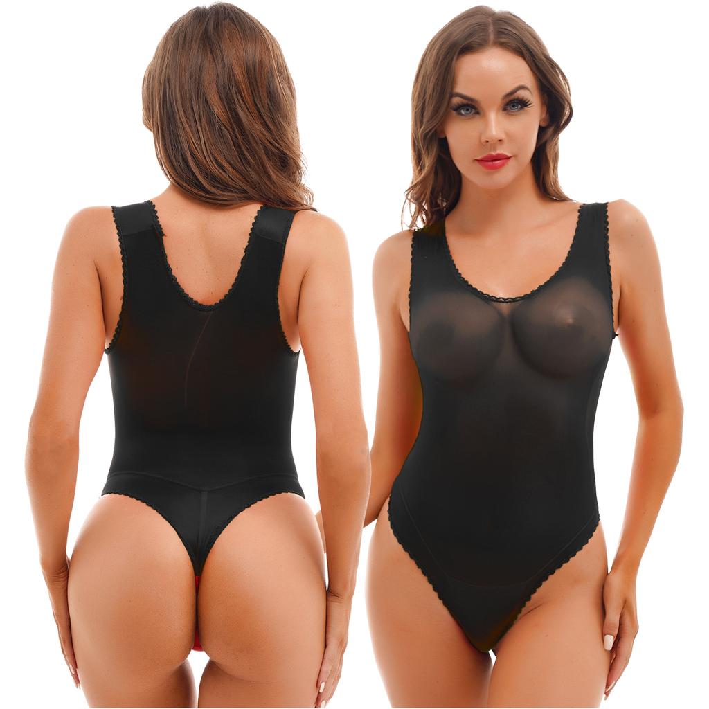 Traje de baño de una pieza transparente para mujer, sin mangas, con cuello en U, para playa, fiesta en la piscina
