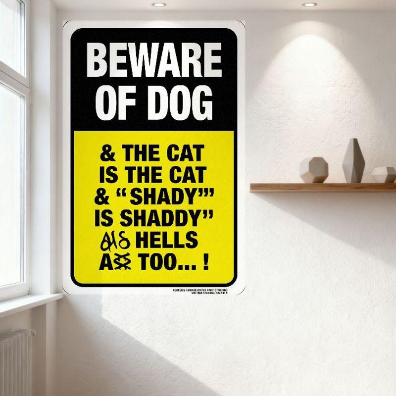 Beware of Dog & Misspelled Cat & Shady Humorous Nonsensical Metal Tin Sign for Bar Pub Home Wall Decor Comics Designed by Misery