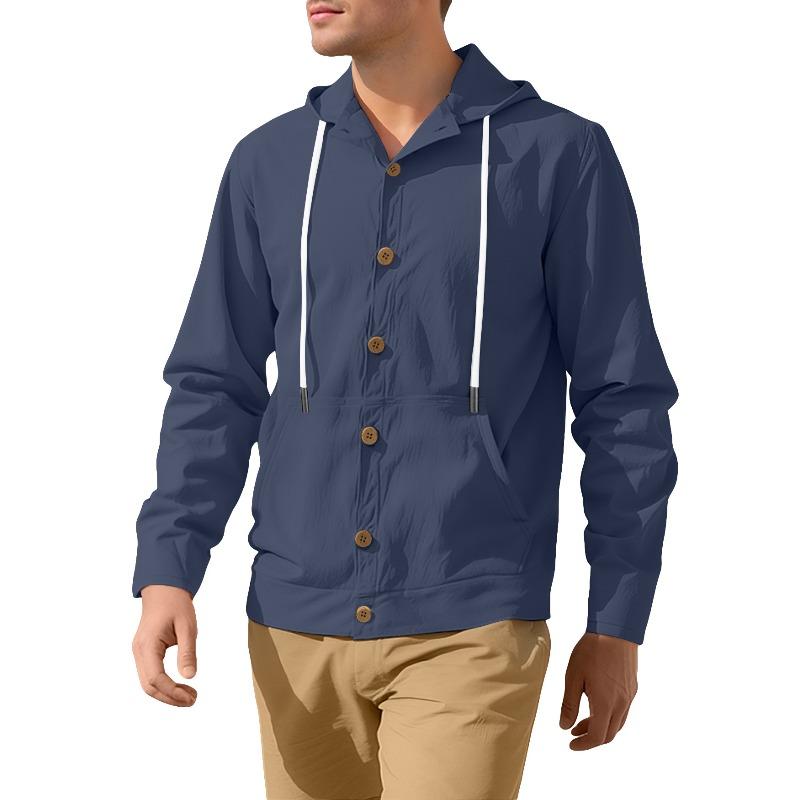 Herren Frühling Herbst Button-Down-Hemd, Lockere Baumwoll-Leinen Kapuzenjacke Langarm, Einfache Lässige Strand-Oberbekleidung