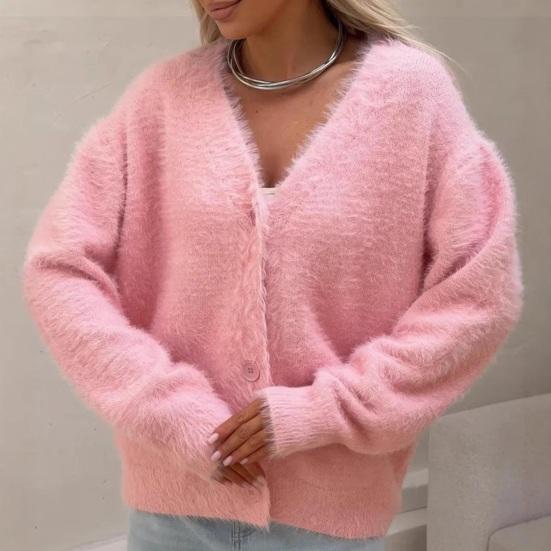 Women Sweater Coat V-Neck Long Sleeve Buttons Placket Knitting Coat Pure Color Elastic Fabric Loose Fit Casual Sweater