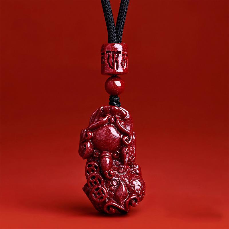 Natural Cinnabar Pixiu Pendant Necklace with Purple and Emperor Red Sand