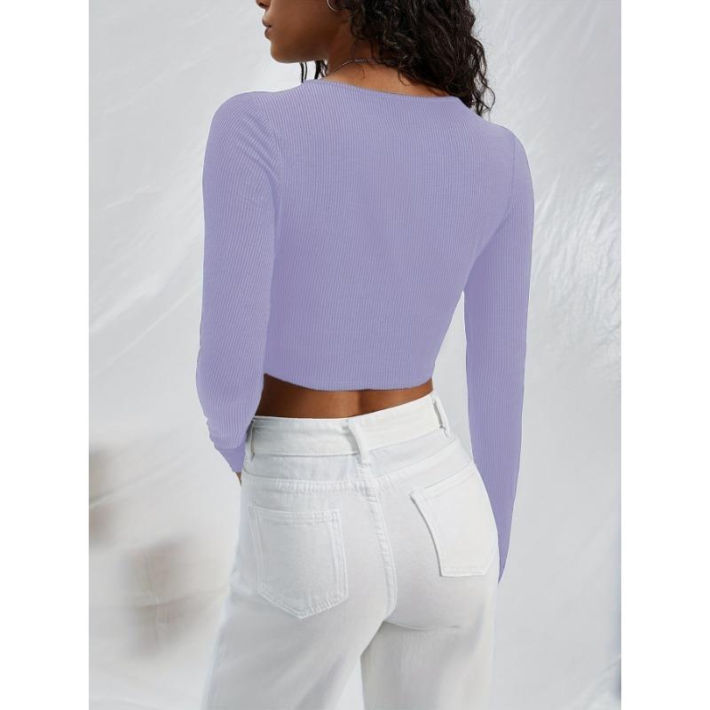 Spring and Autumn Women's Hollow Irregular Round Neck Knit Long Sleeve Sexy Fashion Top