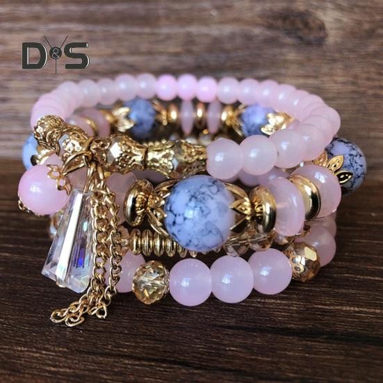 5-teiliges Damen-Armbandset mit Kunstkristallen, glatt, mit mehreren Anhängern, Schmuck im Retro-Boho-Stil mit elastischer Kordel, mehrlagiges stapelbares Armbandset