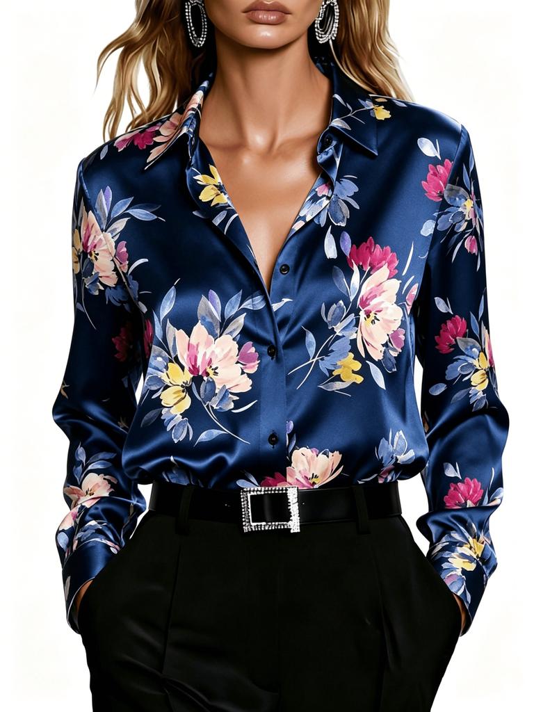 Lady's Elegant Long-sleeved Floral-patterned Shirt, Suitable for Office and Formal Occasions - Machine Washable Top
