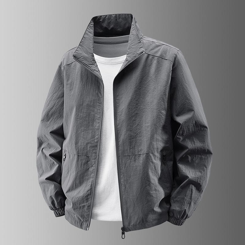 Men's Lightweight Stand-Up Collar Jacket, Multi-Pocket, Loose Fit, Plus Size, Spring/Autumn for Middle-Aged & Elderly.