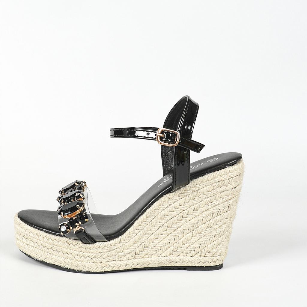 Dámské sandály na podpatku Sexy slaměné lano Jednoduché vysoké svahové podpatky Vodotěsný vozík Model Rhinestone Cool LFD-11013-11