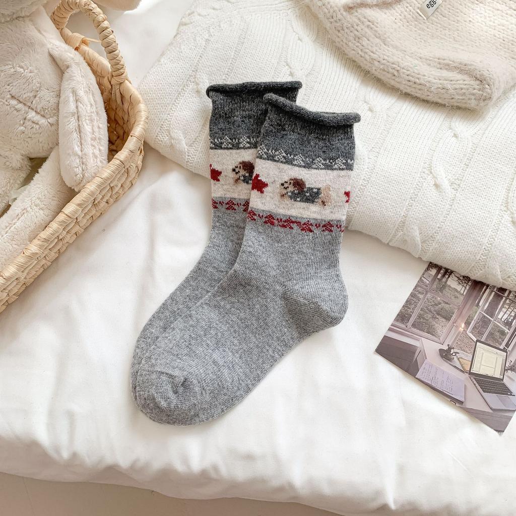 Female Autumn and Winter Thickened Warm Retro Cartoon Boneless Flocking Puppy Wool Drum Pile Socks