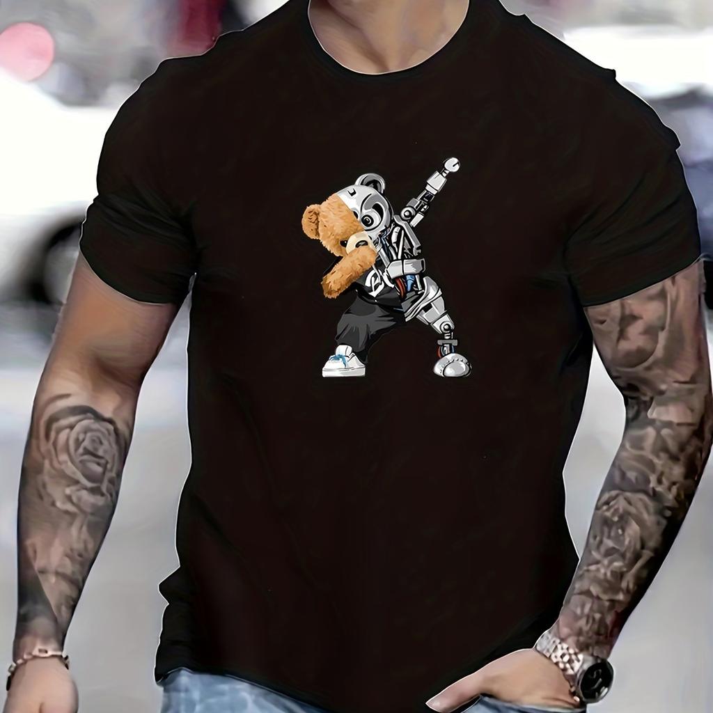 Cotton Robot Bear Pattern T-shirt, Men's Casual Street Style Stretch Round Neck Tee Shirt For Summer