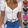 2026 Cross-border Europe, America, Amazon Fashion Spice Girl Square Neck Solid Color Slim Fit Solid Color Bubble Sleeve Women's Short Sleeve Top