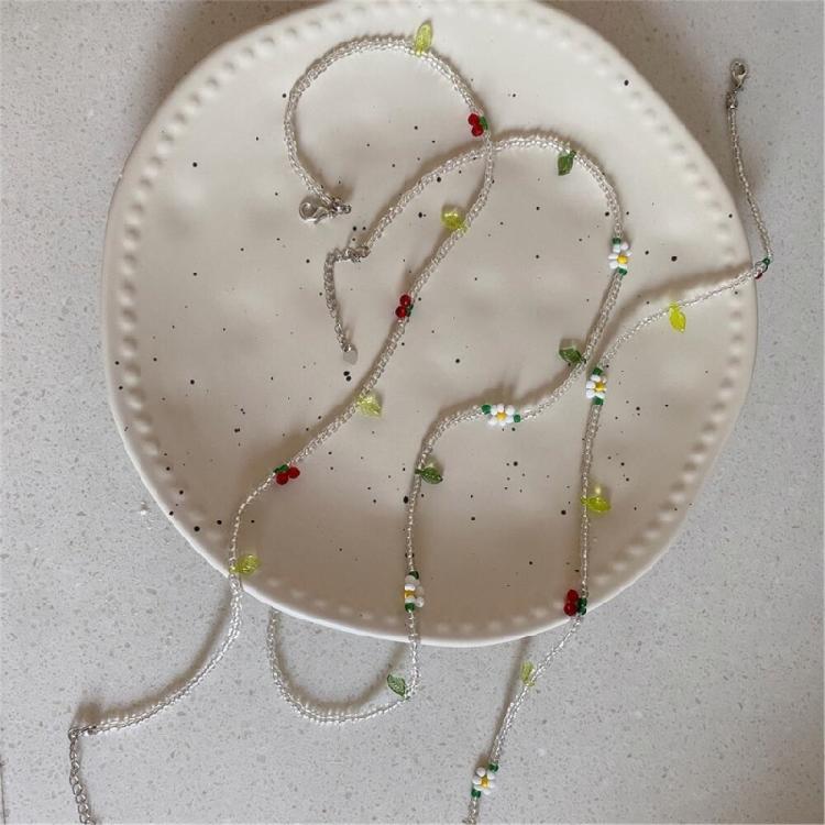 Colorful Beaded Necklace with Springtime Floral and Cherry Adjustable Neckchain Fashion Accessory for Everyday Wear