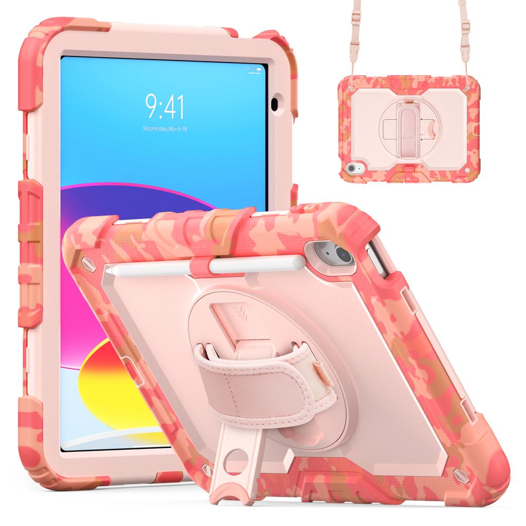 For iPad (2025)/iPad 10.9 (2022) Case Camo Printing PC + Silicone Tablet Cover with PET Film/Shoulder Strap