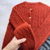 Women's Cashmere Round Neck Cardigan - Year of the Rooster Red, Thick & Fashionable Bright Silk Cable Knit Sweater for Autumn/Winter.