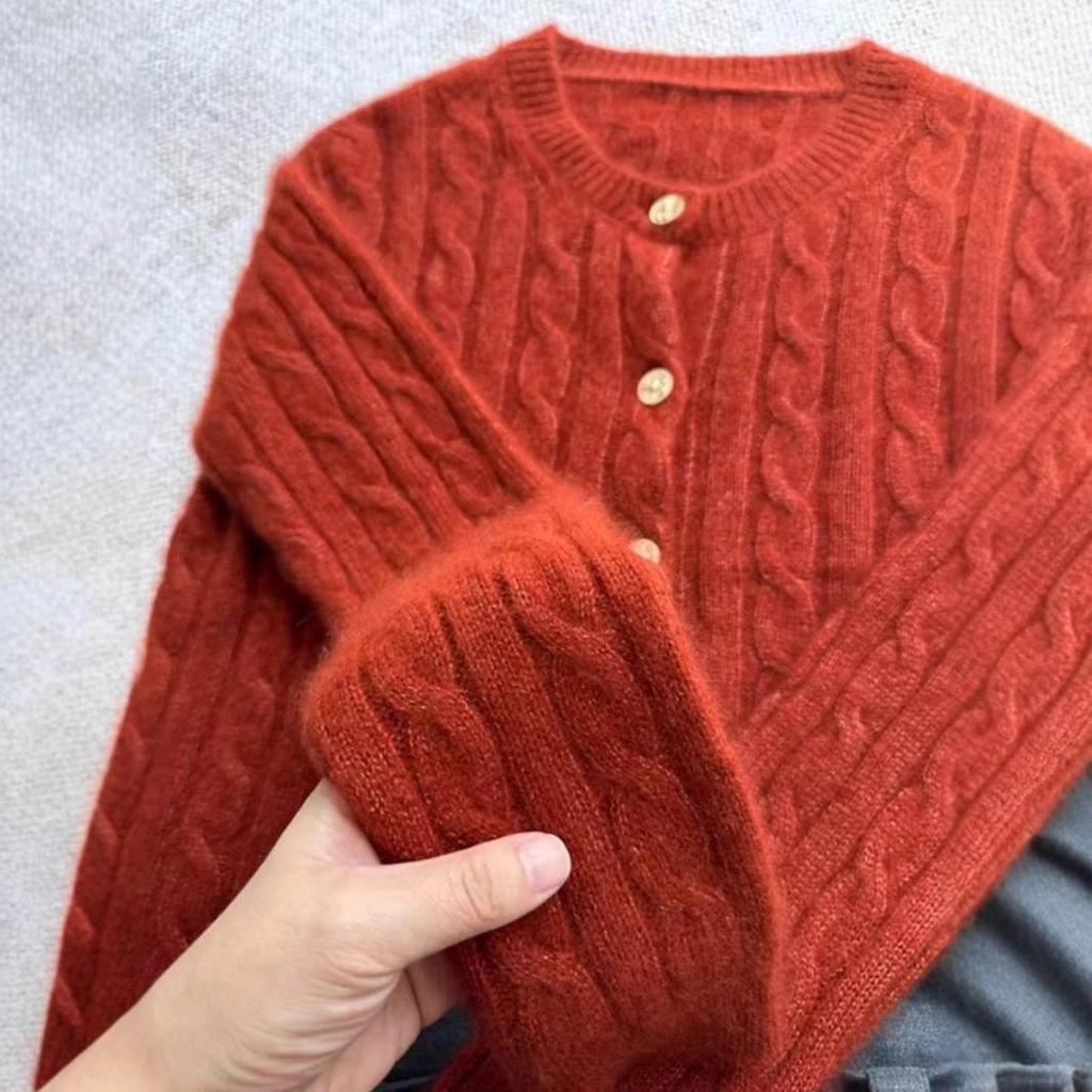 Women's Cashmere Round Neck Cardigan - Year of the Rooster Red, Thick & Fashionable Bright Silk Cable Knit Sweater for Autumn/Winter.