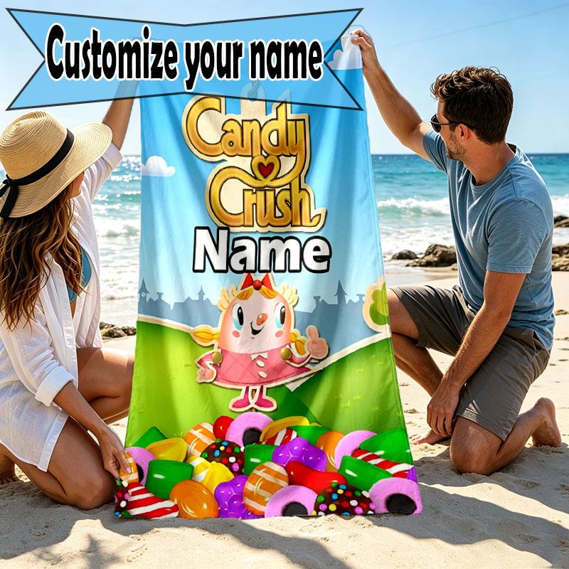 Custom Name Personalized Candy Crush Saga Print Beach Towel, for Trip Camping Beach Party Home Decor, Birthday Gift for Family & Friends