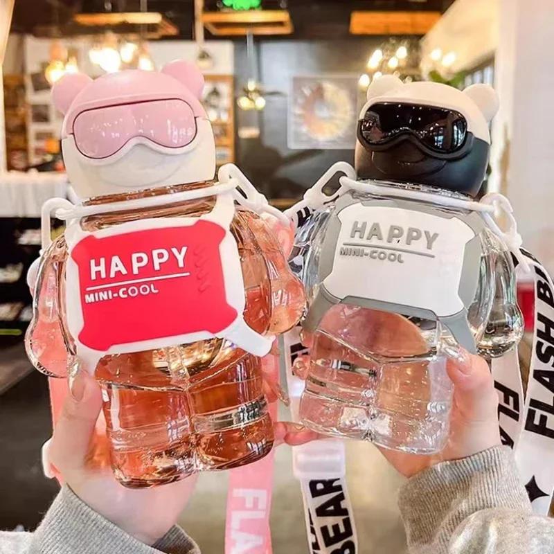 800ml Sports Water Bottle With Straw Unglasses Bear Large Capacity Plastic Water Cup For Travel Portable Backpack Kettle