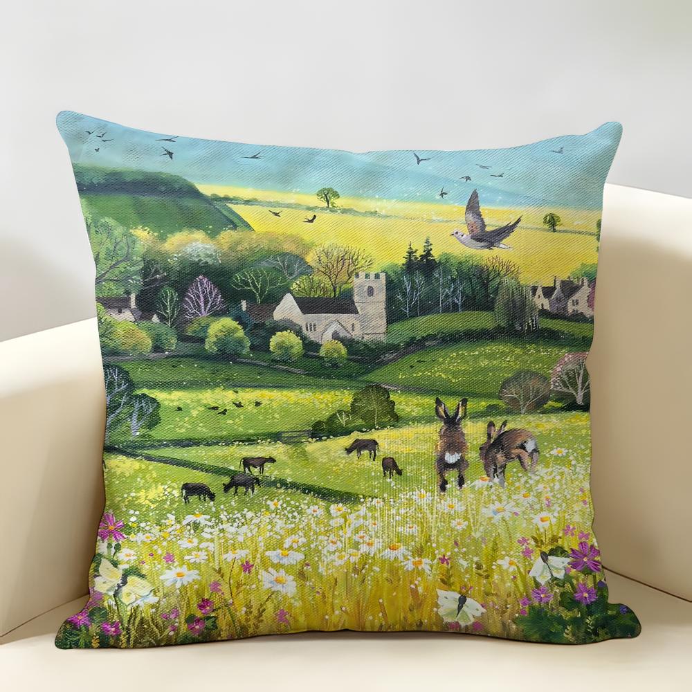 Retro Springtime Village Plants Cushion Cover Natural Linen Organic Fabric DoubleSided Printing Room Sofa Decor Pillow Case