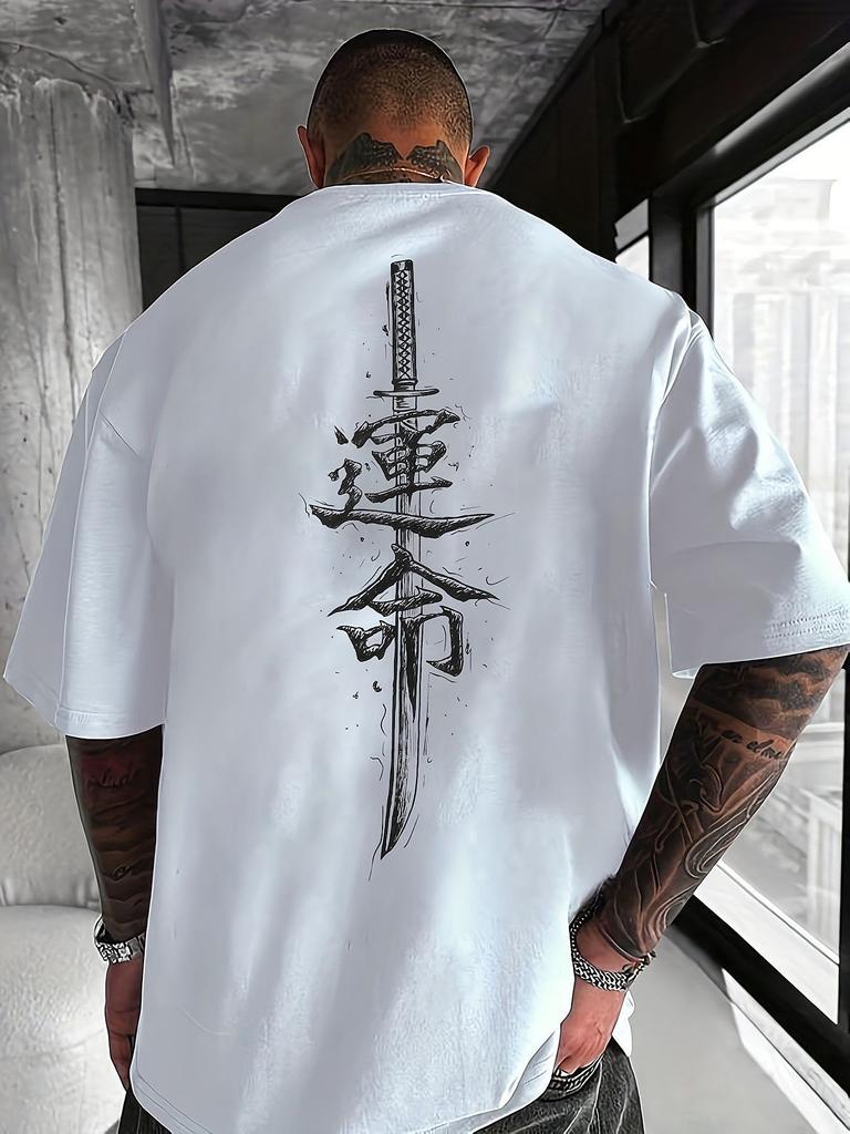 Men's Japanese katana graphic T-shirt casual suit round neck short sleeve Tee with red Japanese katana design for spring/summer