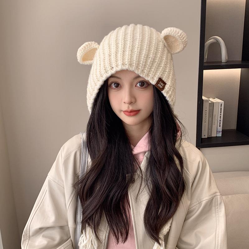 Niedliche Bärenohren Strickmütze locker Damen Winter verdickt warm vielseitig Zopfwolle Mütze