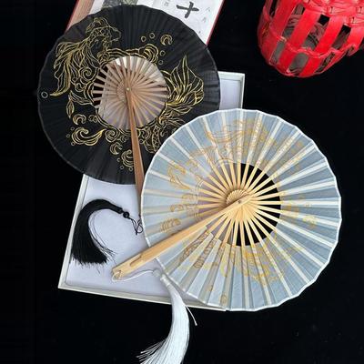 Ventilateur rond en bambou fait main vintage avec pompon Portable Pliable Ventilateur à main Léger pour la danse Femmes