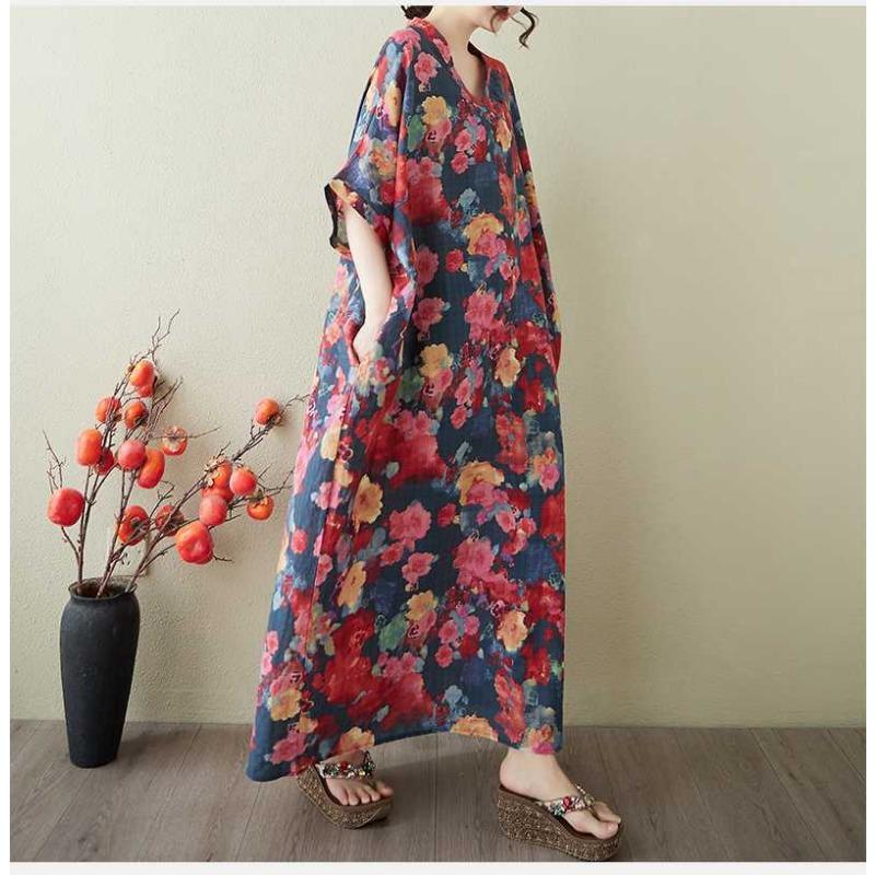 Women's Vintage Long Dress with Cotton and Linen Patterns