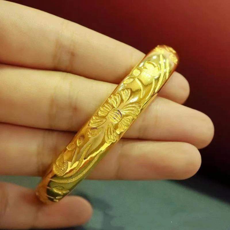 Gold Plated Open Cuff Bangle Boho Carved Floral Pattern Fadeless Durable Shiny Jewelry for Gift Daily Wear