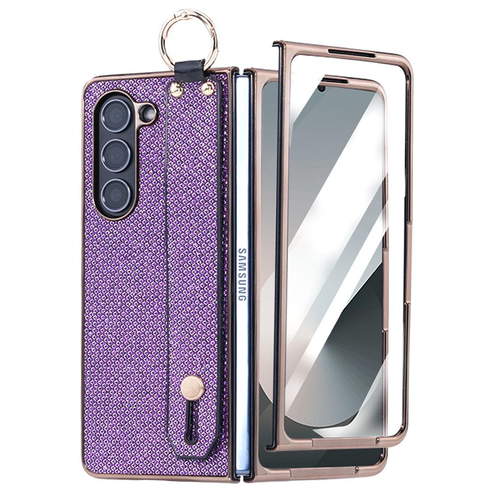 

For Samsung Galaxy Z Fold6 5G Case Electroplating Glitter PC Phone Cover with Screen Film Strap Kickstand Ring Holder Purple