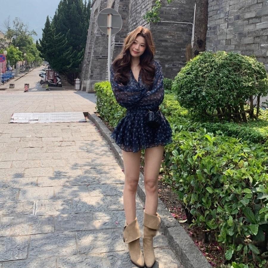 French temperament floral chiffon dress women's autumn new fashion waist thin versatile A word short skirt