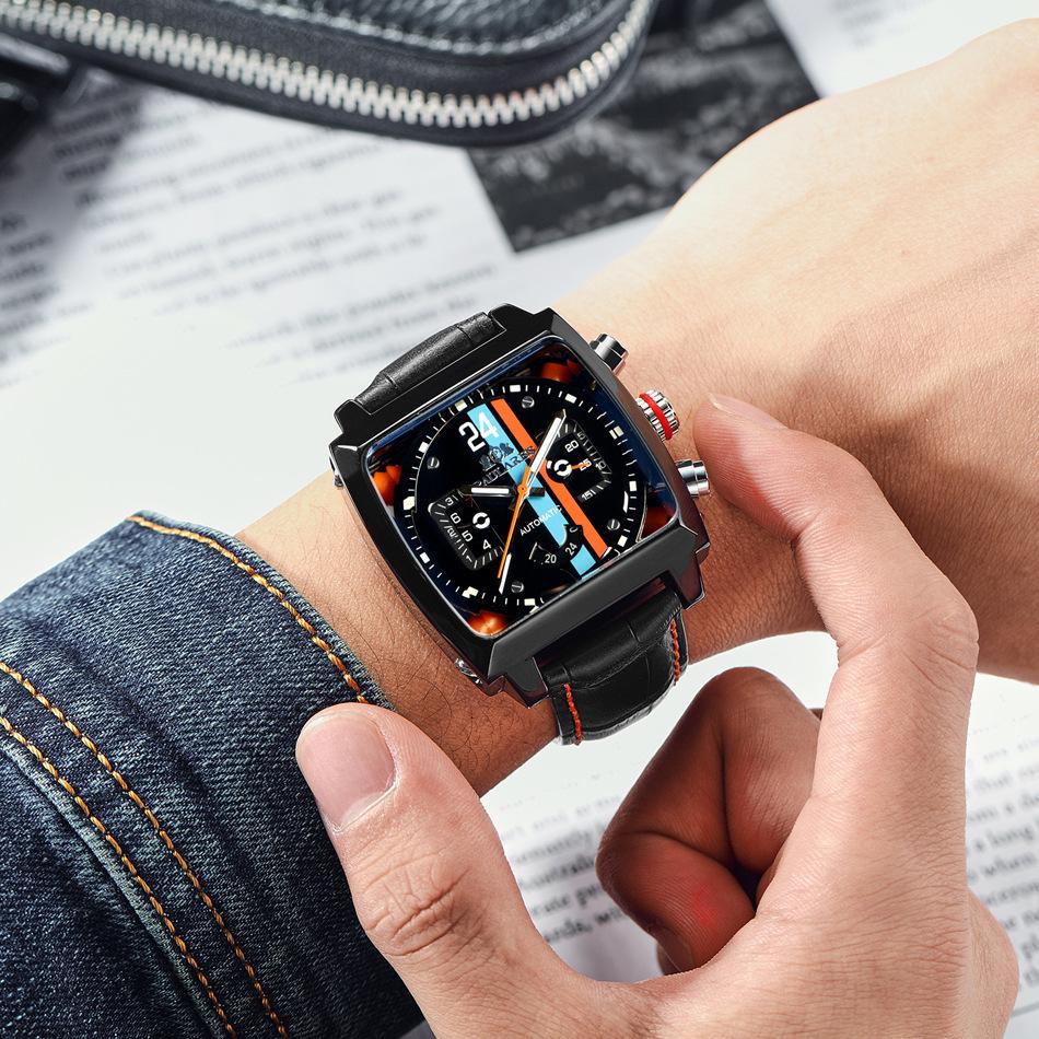 Orologio Automatico Quadrato Luminoso da Uomo con Cinturino in Vera Pelle