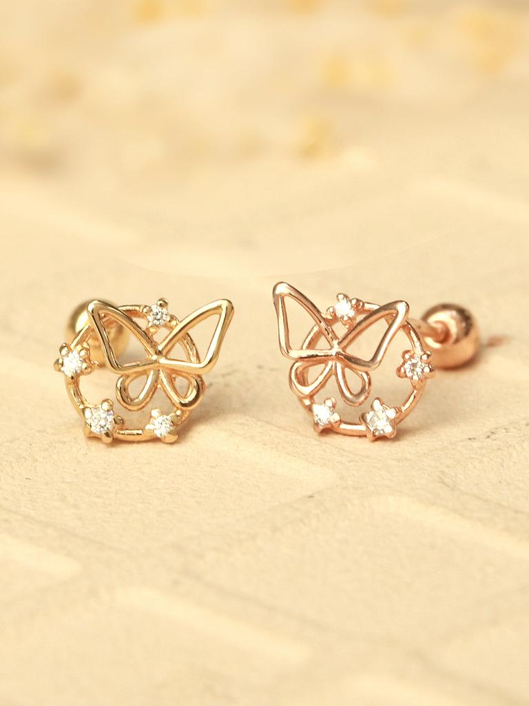 Minimalpiercing 14K Circle Cubic Butterfly Piercing Earrings